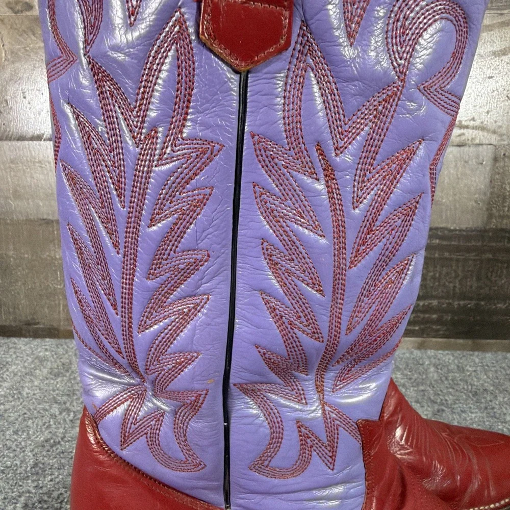 Vintage Botas Patros Leather Cowboy Boots Red Purple Stitch Western Cowgirl 10.5